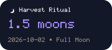 Event Countdown widget reading 1.5 moons until Harvest Ritual, on a full moon